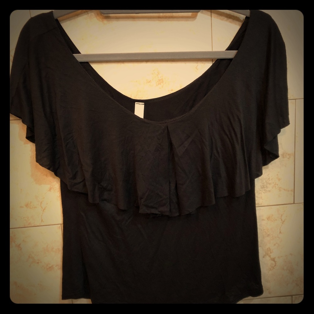 Black Rayon Spandex Flounce Top